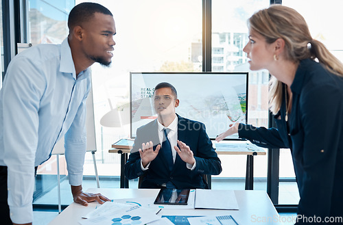 Image of Business fight, team argument and angry lawyer dispute of corporate lawyers fighting in a meeting. Stress, anger and frustrated working colleagues over a client contract or opposite strategy opinion