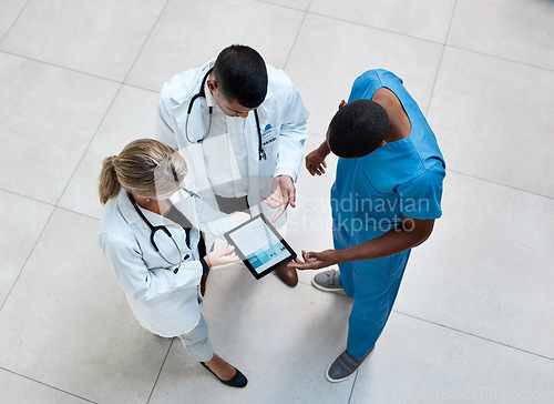 Image of Doctor, nurse and healthcare team with a tablet working with digital medical data in a hospital. Technology, tech and internet information of health and wellness clinic workers planning a surgery