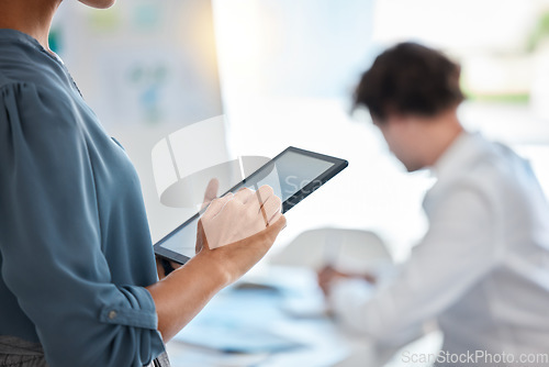 Image of Business woman hands, digital tablet and planning ideas in office for strategy, blank screen and wifi connection in modern office. Employee closeup, 5g technology and online project on tech web apps