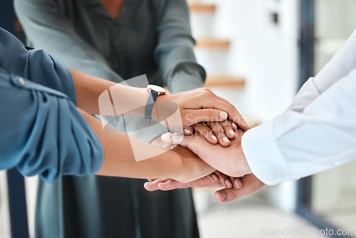 Image of Hands, teamwork and collaboration of employee trust and support at the office or workplace. Diverse group of business people at hand together as a team at work in unity for company goals and success
