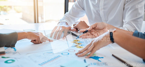 Image of Business planning team, collaboration and marketing analytics at a creative agency or company with hands, paperwork closeup. Group of project management people discussion of finance, chart and graph