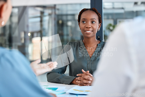 Image of Black woman, business meeting and planning with teamwork, collaboration and strategy reports in startup agency. African american worker talking, speaking and discussion with office team for analysis