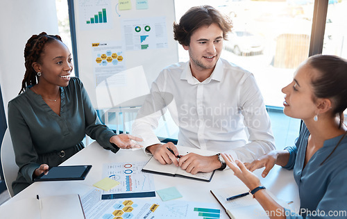 Image of Business meeting with workers in office boardroom for with diversity, support and company business strategy success. Corporate marketing presentation and planning of global vision and kpi mission