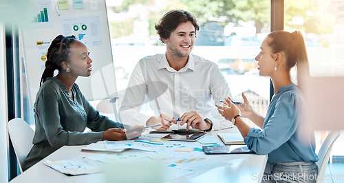 Image of Teamwork, collaboration and planning with a team of business people in a finance meeting for planning their vision and mission in a company. Strategy, growth and marketing with a manager and staff