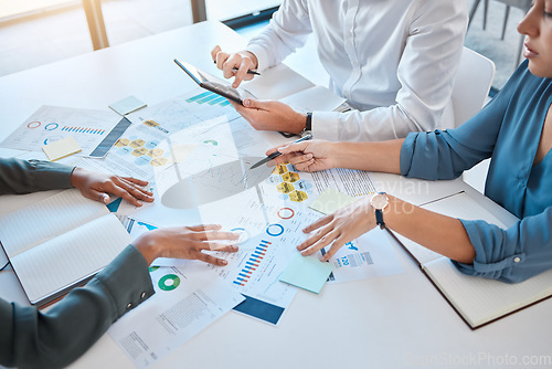 Image of Financial data, team working and tax notes of finance workers planning a audit. Office business group reading investment and stock market growth, profit and information for a teamwork collaboration