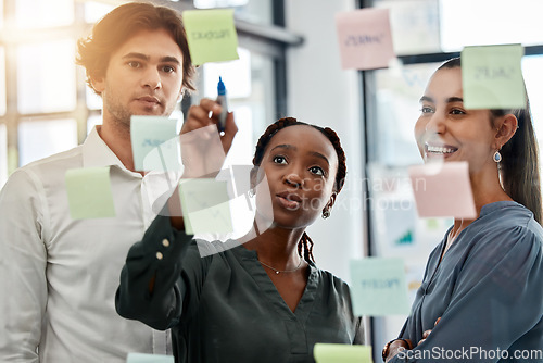 Image of Working, sticky notes planning and teamwork collaboration with storyboard of a office team. Business strategy, corporate schedule or marketing moodboard of staff with diversity busy with a job project