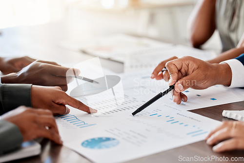 Image of Marketing, analytics and business meeting with documents, chart and paper for planning in corporate company. Innovation, data and strategy with business people in growth, idea and goals conference