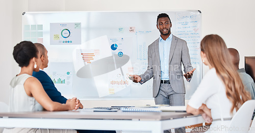 Image of Coaching, leadership and a businessman doing a presentation on strategy and company reports. Communication, planning and a team leader training employees on future projects, sharing data and ideas.