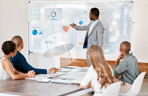 Image of Presentation, training and workshop with a leader, manager or CEO and his team meeting in the boardroom. Teamwork, strategy and planning for the growth, development and mission of their company