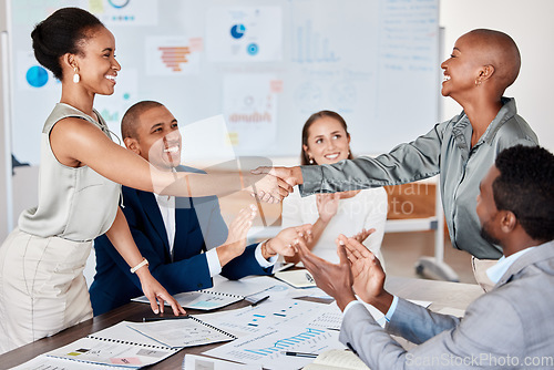 Image of Partnership handshake, b2b client contract success or deal of business diversity and office team. Thank you, welcome or agreement gesture of happy corporate staff clapping at crm teamwork support