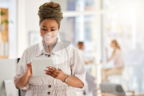 Image of Business woman, tablet and typing report in the office about positive employee review feedback. Corporate lady feeling hope, motivation and happy with helpful guidance for improvement in work.