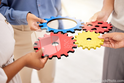 Image of Business, collaboration and gears for strategy success and team unity and support for a project. Hands of a group of corporate employees with a common goal in a partnership for innovation