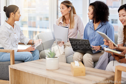 Image of Women teamwork, collaboration and business team working on a digital marketing project. Corporate staff meeting of web sale strategy and logistics planning together in a office using technology