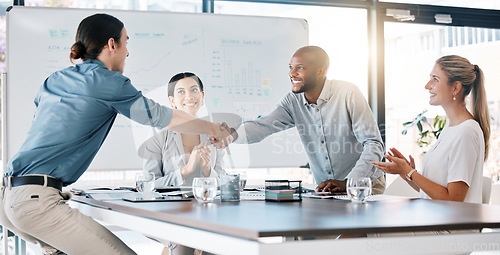 Image of Diversity b2b people, handshake and collaboration for promotion, success deal or company innovation idea. Business meeting, thank you and partnership in teamwork or collaboration with client.