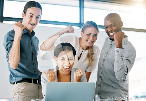 Image of Winning results, fist pump and celebration business people with laptop, online email success on finance profit, crypto or trading. Bonus, victory or yes hands sign of diversity team reading good news