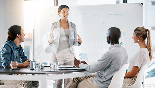 Image of Corporate manager planning a project on a whiteboard with her team doing research in modern office. Group leader explaining her creative strategy at a business meeting in the company conference room.