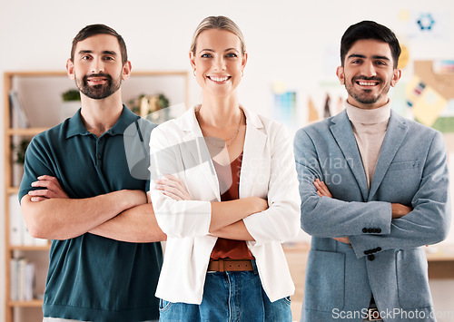 Image of Woman leader, ceo and successful teamwork management with collaboration, company vision and happy office. Portrait group of business people, proud designers and smile professionals in unity together