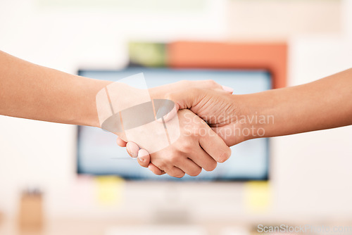 Image of Handshake, welcome or thank you for contract deal for professional business partnership together. Strategy, goal and b2b collaboration with corporate team in an organised company meeting.