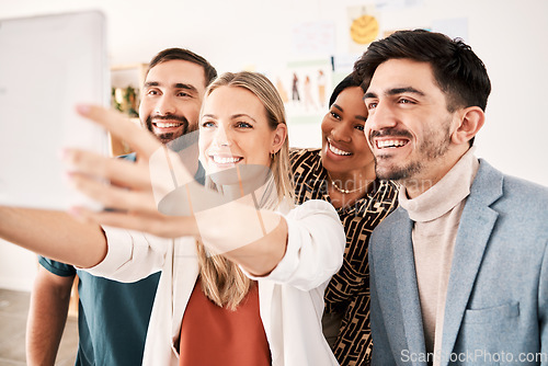 Image of Teamwork selfie, business people and staff posing for social media photo on tablet as happy, smile and successful collaboration in office agency. Friends, diversity staff and workers on video call