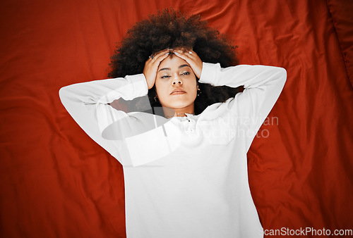 Image of Woman with headache, mental health depression and anxiety thinking about life failure, crisis and stress on red background. Above of dizzy pain, tired and sick with trauma, problem and panic attack