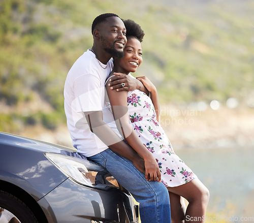 Image of Road trip couple parking with love, hug and looking at nature getaway, green natural environment or mountain roadside. Happy, romantic and dating young man and woman travel together near countryside