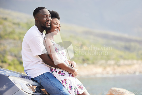 Image of Couple, love and road trip with a young man and woman on a drive during their holiday, vacation or honeymoon. Relax, freedom and view with a happy male and female together outside during summer