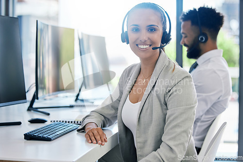 Image of Call agent, woman and portrait smile at desk in customer service consulting company office. Happy, professional and positive girl worker in telemarketing career satisfied with career choice.