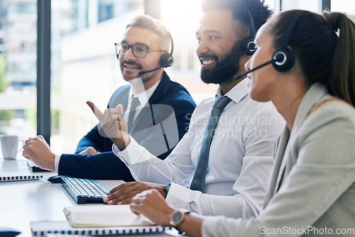 Image of Teamwork, diversity and collaboration, a team of call centre employees working together. Men, woman and customer service, contact us for help. Telemarketing, consulting and communication with a smile
