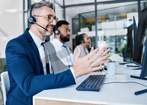 Image of Call center, customer support and contact us for our telemarketing consulting agents can help with loan advice. Consultant, communication and happy insurance service employee in a suit with a headset