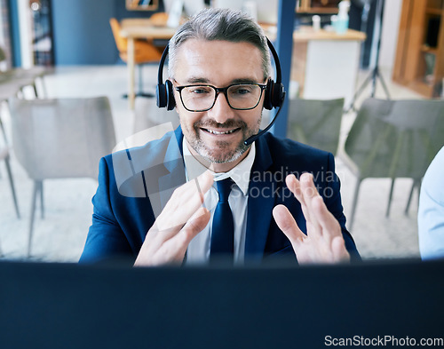 Image of Call center agent, telemarketing, and customer support consultant wearing a headset and looking happy during zoom video call conference. Contact us and crm operator for friendly service with a smile