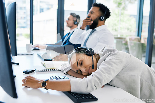 Image of Tired, sleeping in call center and team burnout while giving customer service, consulting online and working at telemarketing company. Bored, sleep and fatigue employees in crm at startup agency