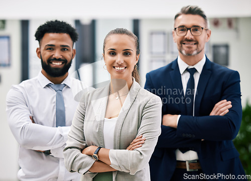 Image of Corporate teamwork, woman leader and collaboration of successful, smile and company vision in office. Portrait of diversity business people, proud management and smile professional in unity together