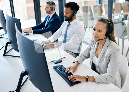 Image of Diversity, call center and customer support team or people with telemarketing, contact us and consulting worker working. Consultant, communication and happy insurance service employee with headset.