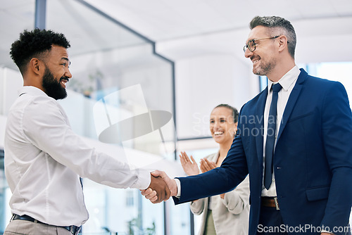 Image of B2b, partnership and handshake deal with business team celebrating a startup goal. Teamwork, strategy and collaboration success with excited investor sharing vision and mission during integration