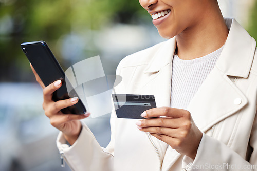 Image of Fintech business woman with phone online shopping, ecommerce and credit card doing financial payment or banking. Corporate finance hands using a 5g network and safe digital bank app or software