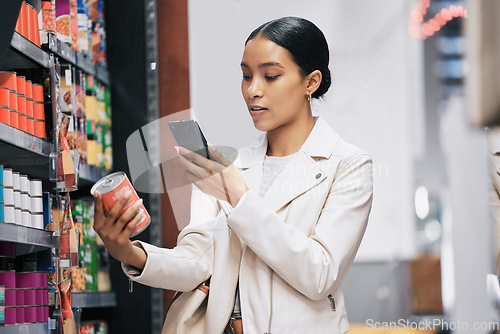 Image of Supermarket, customer and price check on smartphone to compare product cost on ecommerce app. Grocery shop inflation and increase in spending money with essential lifestyle consumables.