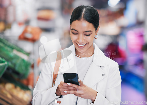 Image of Supermarket, phone or woman with smile in food store doing research, ecommerce or online shopping on healthy product. Happy customer shopping for grocery retail cooking stock on sale with fintech app