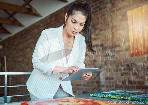 Image of Museum, art and painting woman with tablet, SEO or marketing creative designer planning strategy for exhibition on social media. Web design, digital and tech leader advertising expo on website app