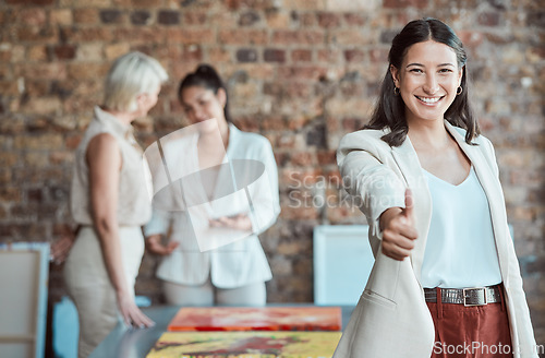 Image of Business woman thumbs up for motivation, success and thank you agreement and praise. Portrait of happy, smile and excited winner, job worker and like emoji review for goal, yes vote and trust support