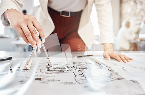 Image of Building blueprint, drawing compass of woman planning planning architect or engineer project. Architecture, engineering and industrial designer and worker working on a design model job in a office