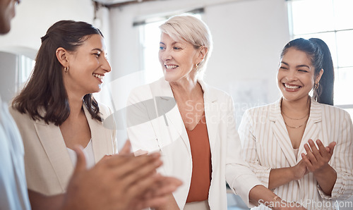 Image of Team success, collaboration and teamwork of a office work group celebration of project completion. Diversity of professional business woman with a happy smile about staff support clapping together