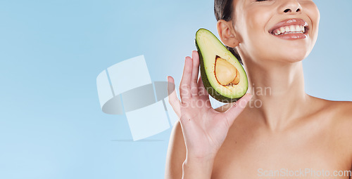 Image of Avocado skincare, woman beauty and natural cosmetic wellness in healthy diet, feminine results and clean glowing skin on mockup blue background. Bodycare, nutrition and model, grooming and fresh face