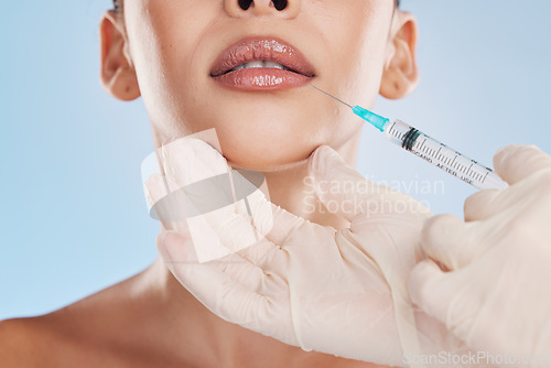 Image of Beauty, collagen and a woman getting a lip injection from a medical worker. Plastic surgery, dermal filler and cosmetic treatment for youth. Modern medicine skincare and make up for natural good look