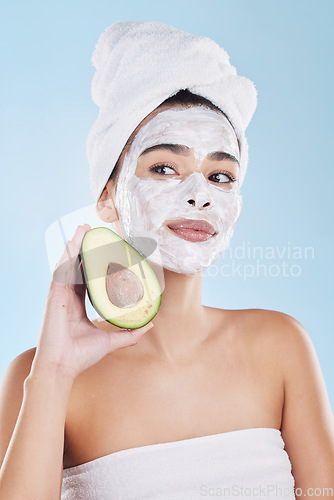 Image of Avocado, skincare and woman with facial face mask for cleaning, detox and healthy pores in a beauty portrait. Wellness, peeling and dermatology cosmetics lotion for natural cream product treatment