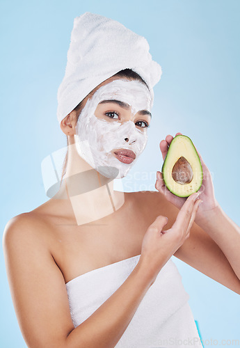 Image of Skincare, beauty and avocado face mask with a beautiful woman taking care of her clean and healthy skin. Organic, fresh and cleansing facial with routine homemade treatment and natural ingredients