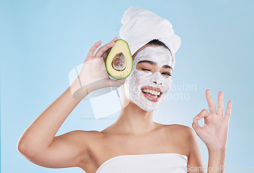 Image of Skincare, beauty and ok sign for avocado face mask with beautiful woman taking care of healthy skin. Organic, fresh and cleansing facial with routine treatment and natural ingredient for good results