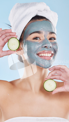 Image of Skincare woman, facial mask and cucumber beauty cosmetics after fresh shower, bathroom grooming routine and cool bodycare. Portrait feminine face, clean pore complexion and healthy pamper treatment