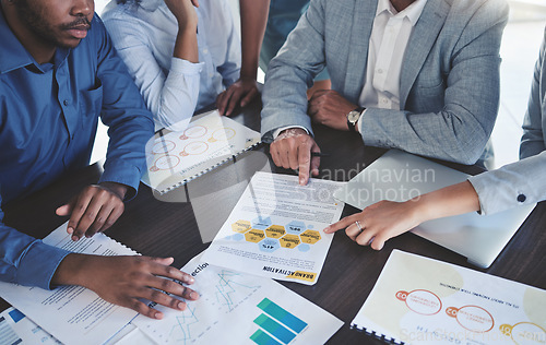 Image of Hands teamwork, planning and paperwork, documents or charts doing research, data and budget report. Corporate people discussing graphs, financial statistics or infographic analytics on a table.