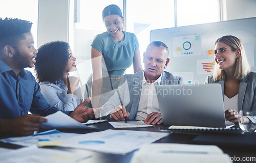 Image of Digital marketing collaboration and people business meeting conversation of website seo data analytics with vision, goal and motivation for company growth. Teamwork, planning and strategy with laptop