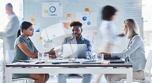 Image of Digital marketing, advertising and business people in a meeting planning a branding strategy for a global company. Diversity, communication and creative employees in a group discussion on sales goals